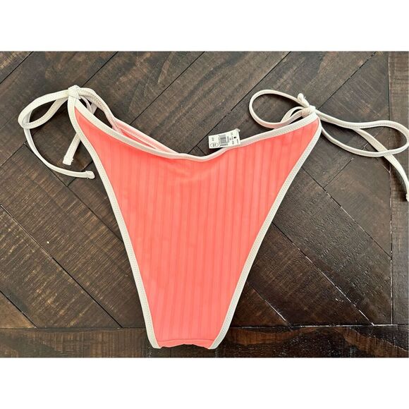Aerie Pink and White Ribbed Cheekiest Tie Side Bikini Bottom Size Medium - Picture 4 of 4